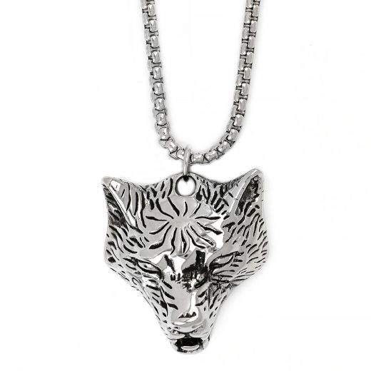 Men's stainless steel pendant with wolf head and chain