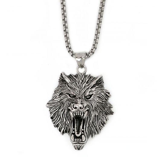 Men's stainless steel pendant with embossed wolf head and chain