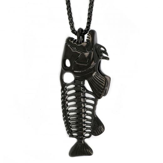 Men's stainless steel pendant with black fishbone and chain