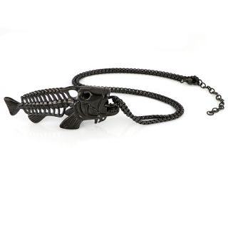 Men's stainless steel pendant with black fishbone and chain - 