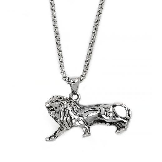 Men's stainless steel pendant with lion and chain