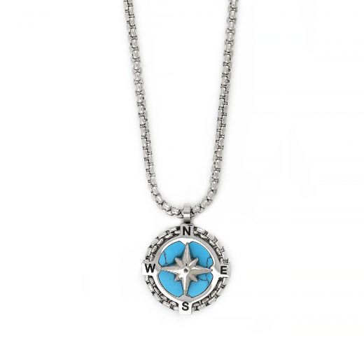 Men's stainless steel pendant with compass and turquoise stone and chain