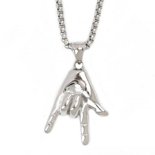 Men's stainless steel pendant with hand that does Hip Hop symbol and chain