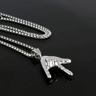 Men's stainless steel pendant with hand that does Hip Hop symbol and chain - 