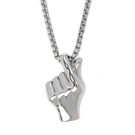 Men's stainless steel pendant with hand that does I love you symbol and chain