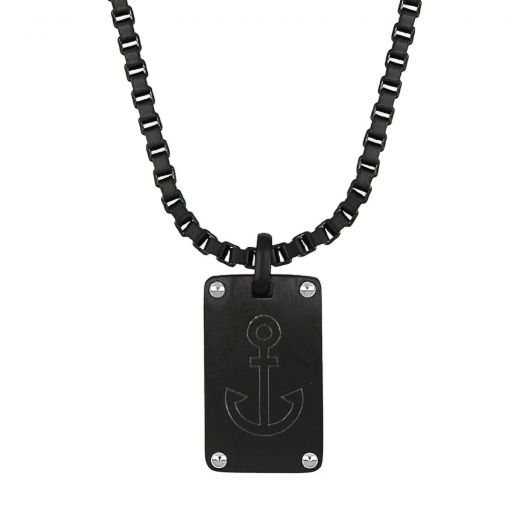 Men's black steel pendant with embossed anchor design and chain