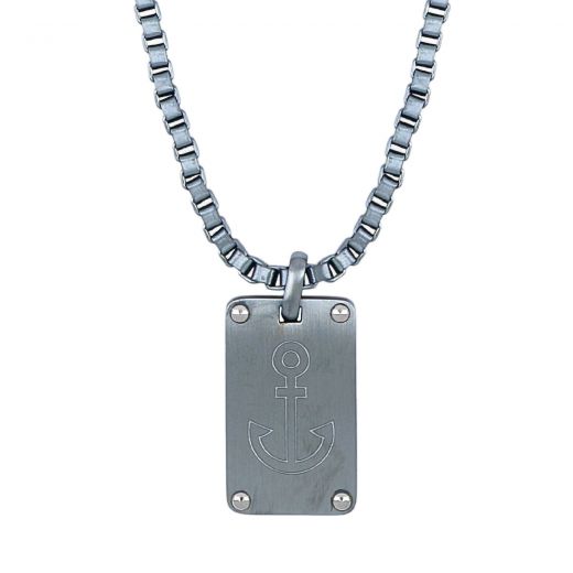 Men's ice blue steel pendant with embossed anchor design and chain