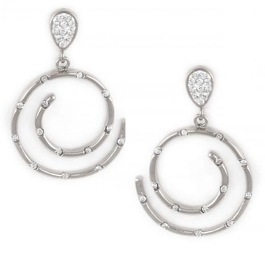 Earrings made of stainless steel in spiral shape with cubic zirconia.