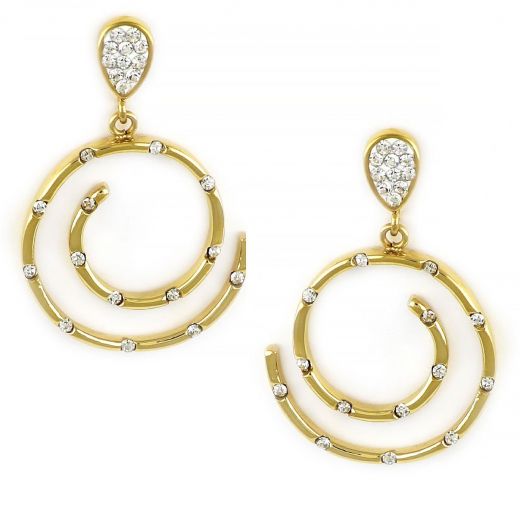 Earrings made of gold plated stainless steel in spiral shape with cubic zirconia.