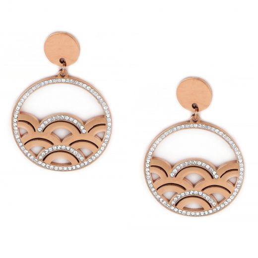 Earrings made of rose gold stainless steel round with strass.