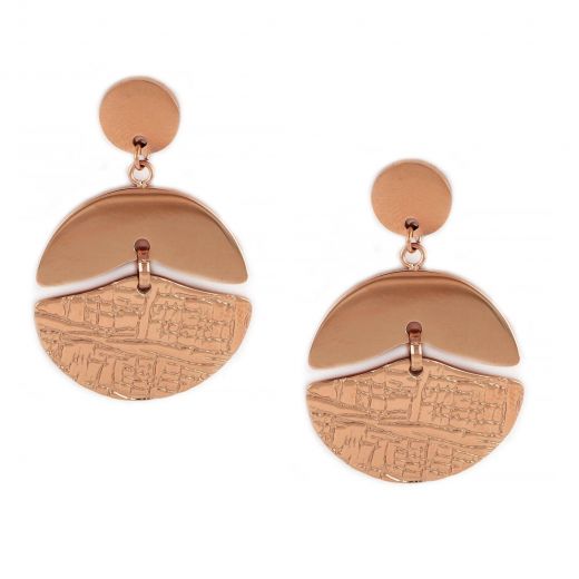 Earrings made of rose gold stainless steel with embossed design.