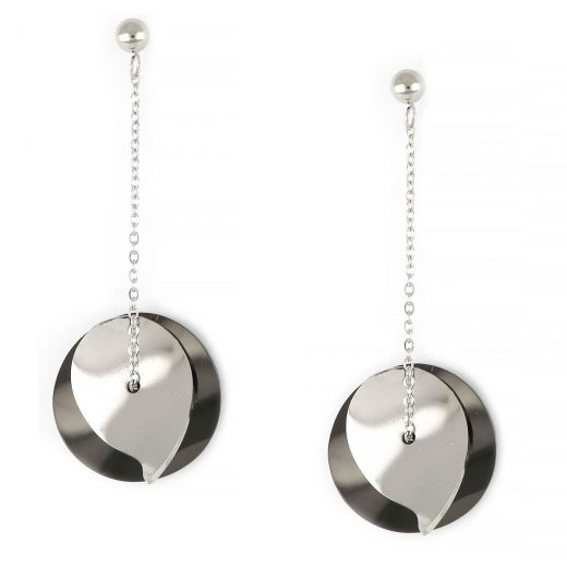 Two-tone earrings made of stainless steel with black-white cycle with leaf.