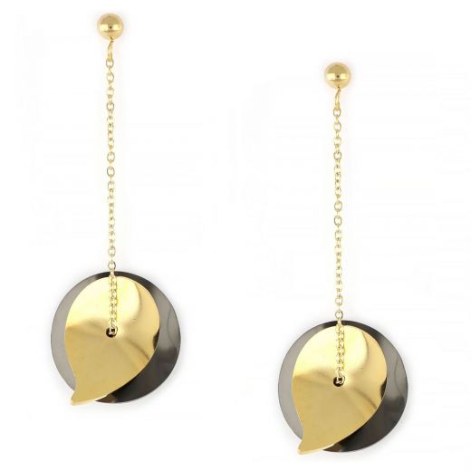 Two-tone earrings made of stainless steel with black-gold cycle with leaf.