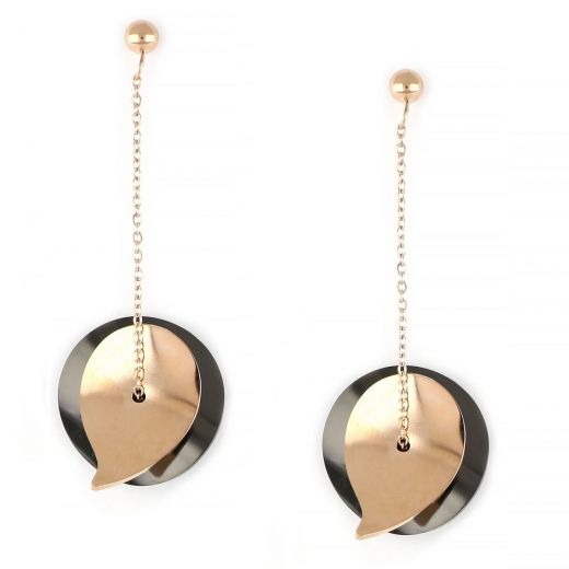 Two-tone earrings made of stainless steel, black-rose gold cycle with leaf.