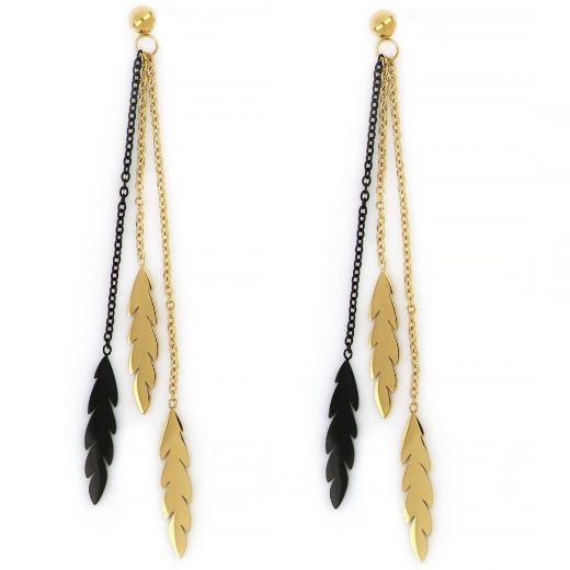 Two-tone earrings made of stainless steel, black-gold with triple chain and leaflets.
