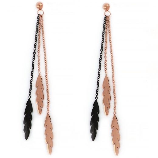 Two-tone earrings made of stainless steel, black-rose gold with triple chain and leaflets.