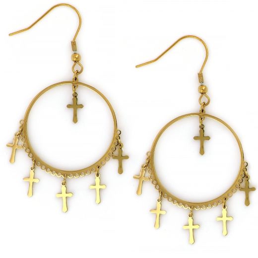 Earrings made of gold plated stainless steel with small crosses.
