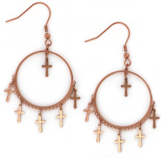 Earrings made of rose gold stainless steel with small crosses.