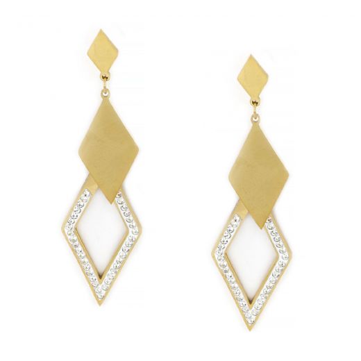 Earrings made of gold plated stainless steel with double rhombus and strass.