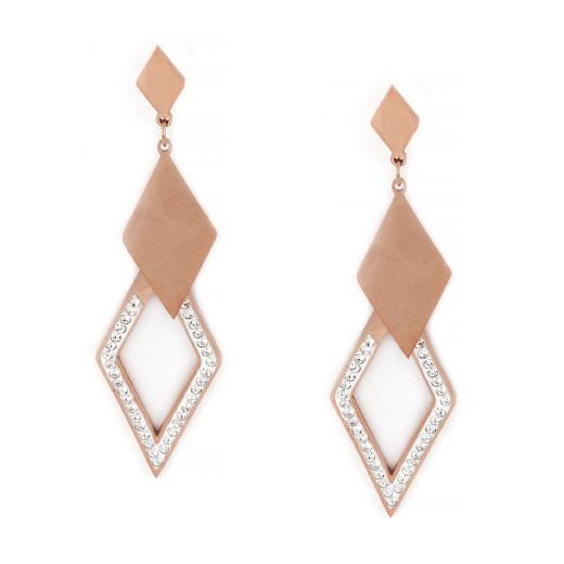 Earrings made of rose gold stainless steel with double rhombus and strass.