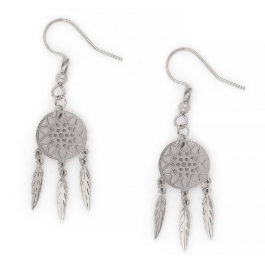 Earrings made of stainless steel in dreamcatcher design.