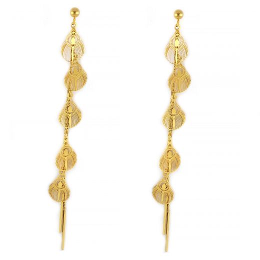 Long earrings made of gold plated stainless steel with small embossed elements.
