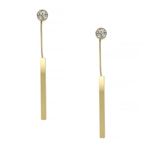 Long earrings made of gold plated stainless steel in a rectangular shape with one strass.