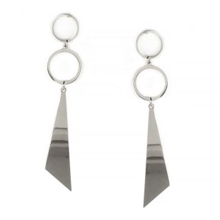 Earrings made of stainless steel with two circles and one triangle. Earrings made of stainless steel with two circles and one triangle.