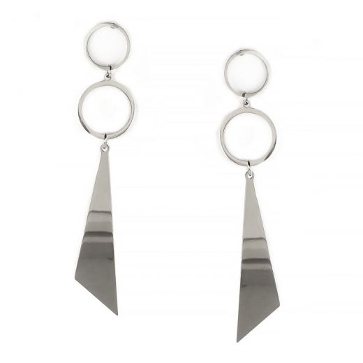 Earrings made of stainless steel with two circles and one triangle.