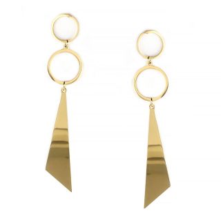 Earrings made of gold plated stainless steel with two circles and one triangle. Earrings made of gold plated stainless steel with two circles and one triangle.
