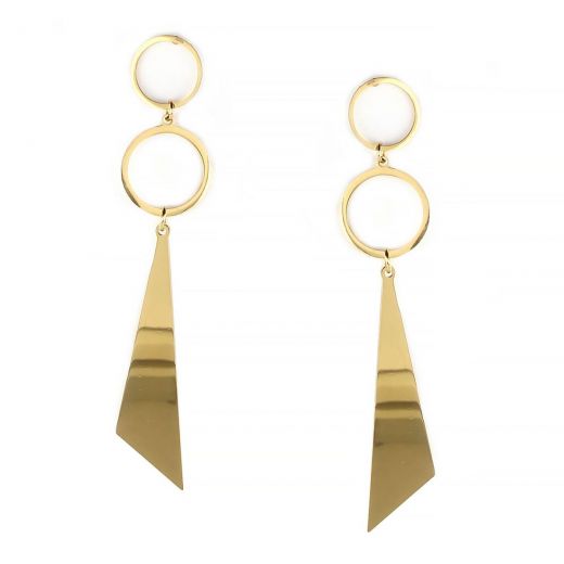 Earrings made of gold plated stainless steel with two circles and one triangle.
