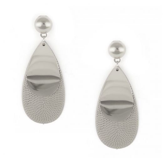 Earrings made of stainless steel with drops, one embossed and one smooth.