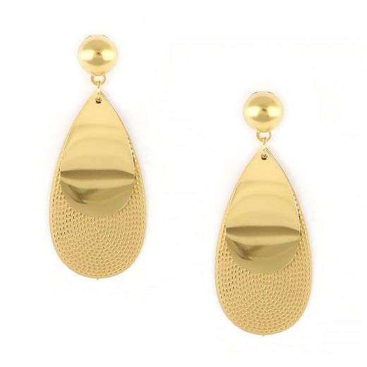 Earrings made of gold plated stainless steel with drops, one embossed and one smooth.