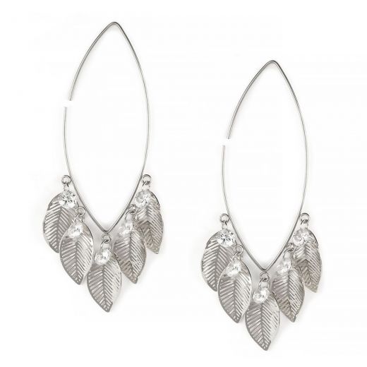 Earrings made of stainless steel with safety pin style with embossed leaflets and crystals.