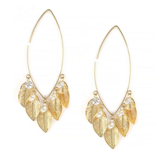 Earrings made of gold plated stainless steel with safety pin style with embossed leaflets and crystals.
