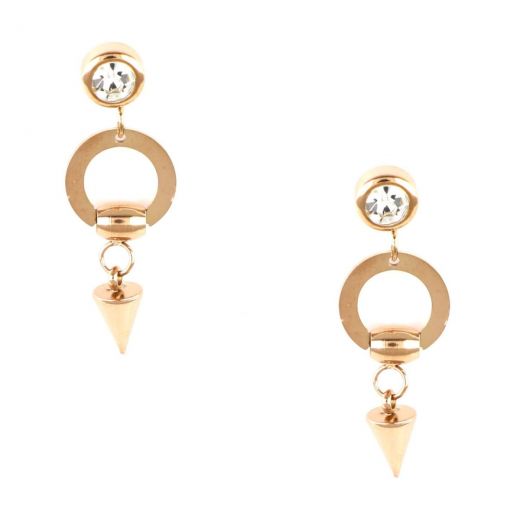 Earrings made of rose gold stainless steel with one circle, one cone and one cubic zirconia.