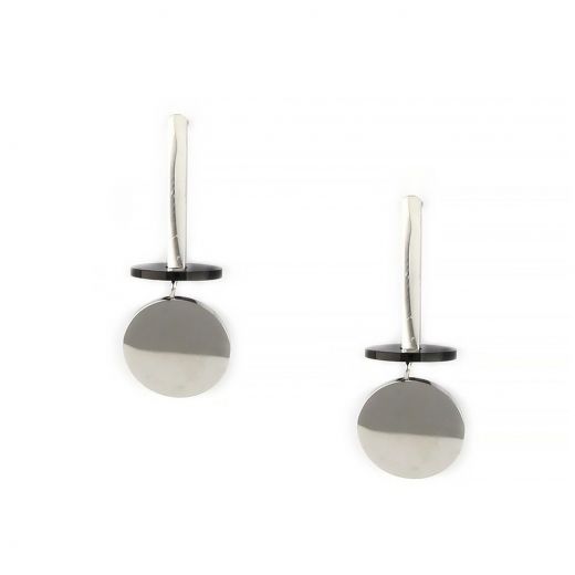Earrings made of stainless steel with black detail and one round element.