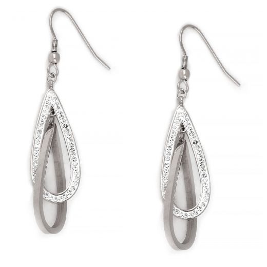 Earrings made of stainless steel with two drops and strass.