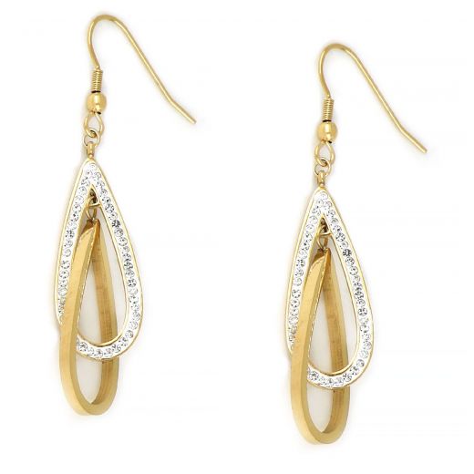 Earrings made of gold plated stainless steel with two drops and strass.