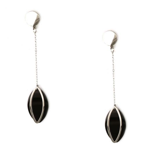 Long two-tone earrings made of stainless steel, white-black with chain.