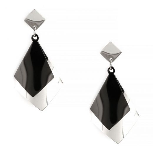 Two-tone earrings made of stainless steel, white-black with two rhombus.