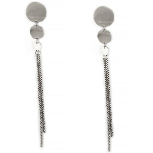 Earrings made of stainless steel with long chains and 2 circles.