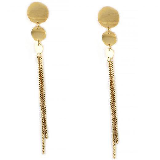 Earrings made of gold plated stainless steel with long chains and 2 circles.