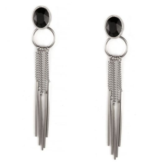 Earrings made of stainless steel with oval black stone and thin hanging chains.