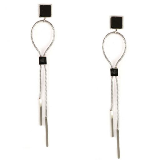 Earrings made of stainless steel in loop shape with black square enamel.