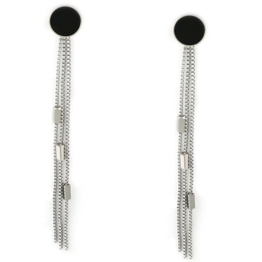Earrings made of stainless steel with long chains and black round strass.