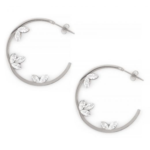 Earrings made of stainless steel in cycle shape with leaflets and cubic zirconia.