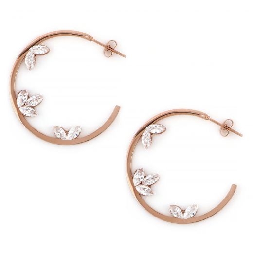 Earrings made of rose gold stainless steel in cycle shape with leaflets and cubic zirconia.