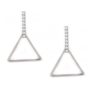 Earrings made of stainless steel with a line from cubic zirconia which ends up in one triangle. Earrings made of stainless steel with a line from cubic zirconia which ends up in one triangle.