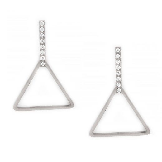 Earrings made of stainless steel with a line from cubic zirconia which ends up in one triangle.